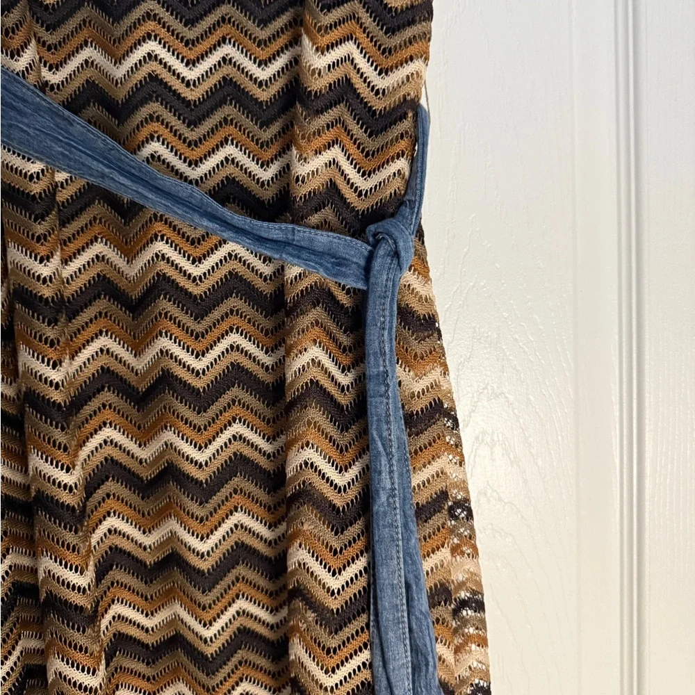 Tacera Striped Sleeveless Knit Maxi Dress Sheer Hem Belted Size M